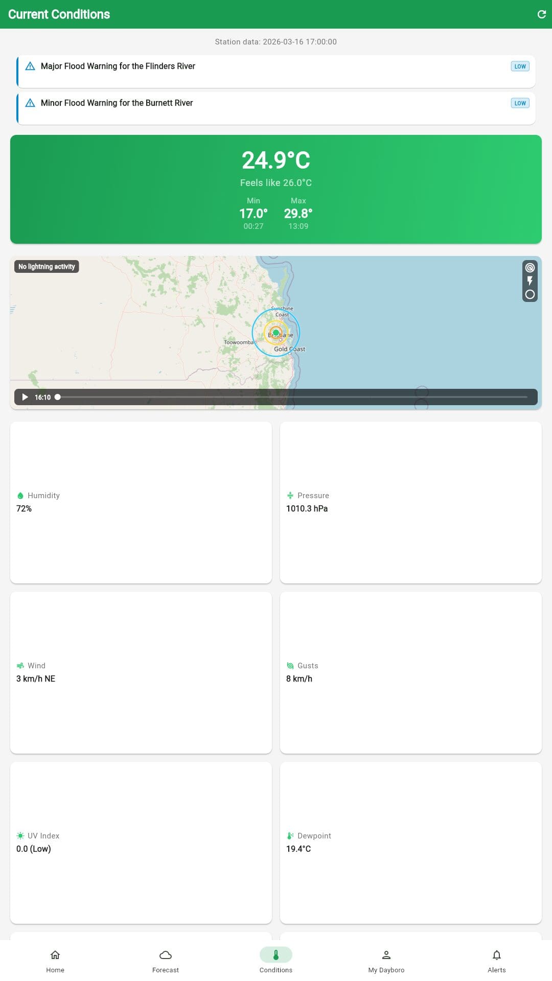 Dayboro Buddy app weather screen showing local Dayboro temperature and forecast