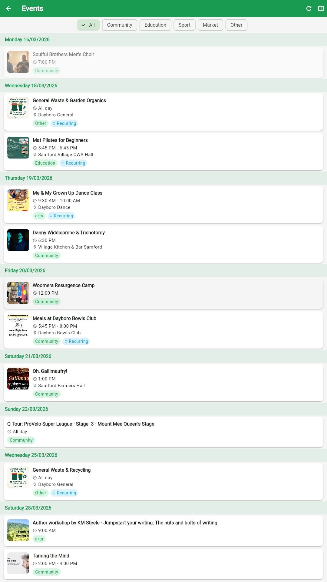 Dayboro Buddy app events screen showing local Dayboro community events