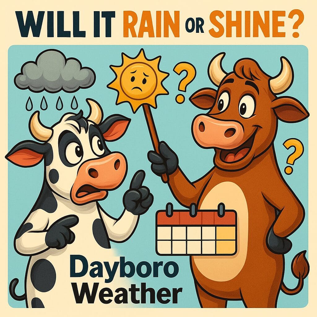 Two cartoon cows with question marks, rain cloud and sun icons, and a calendar beside the text Dayboro Weather