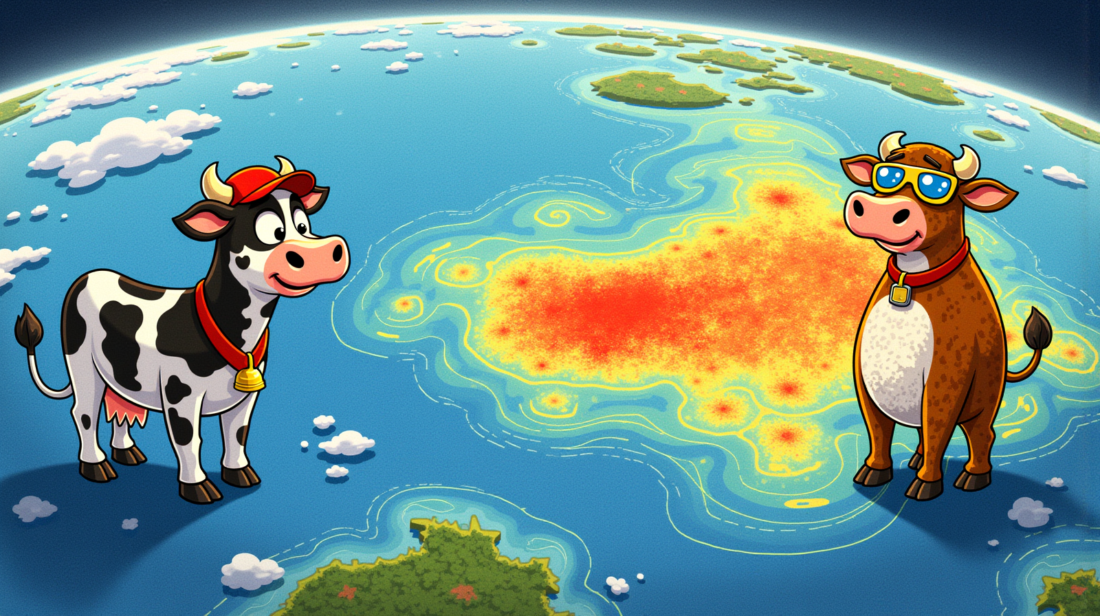 Satellite style view of the equatorial Pacific Ocean during a strong El Niño, a warm sea surface temperature plume in deep oranges and reds stretching across the central Pacific toward Australia