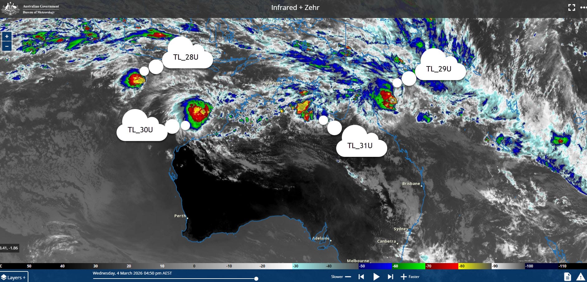 BOM infrared satellite image showing four tropical lows TL_28U TL_29U TL_30U TL_31U across northern Australia 4 March 2026 04:50 pm AEST