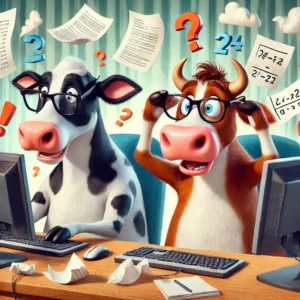 Two cows wearing glasses, sitting at a desk with computer monitors and papers.