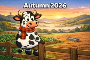 Cartoon black-and-white cow in an orange scarf at a wooden fence overlooking misty autumn hills and vegetable garden beds