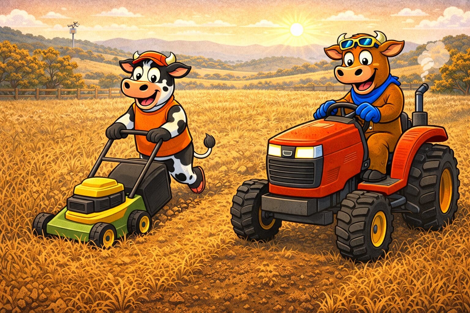 A small rural tractor with a slasher cutting tall dry autumn grass in a Dayboro paddock