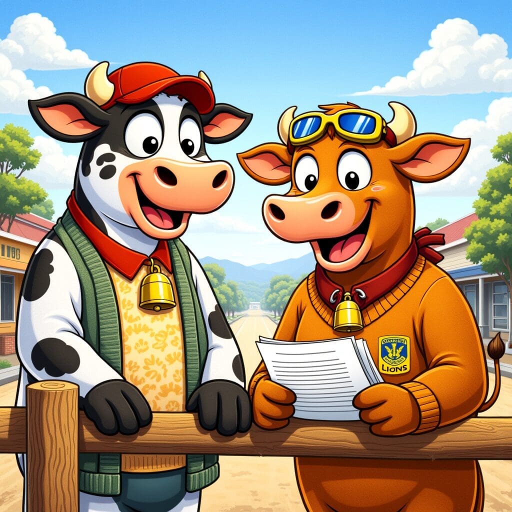 Dayboro local community — cow character with Dayboro township behind, community warmth