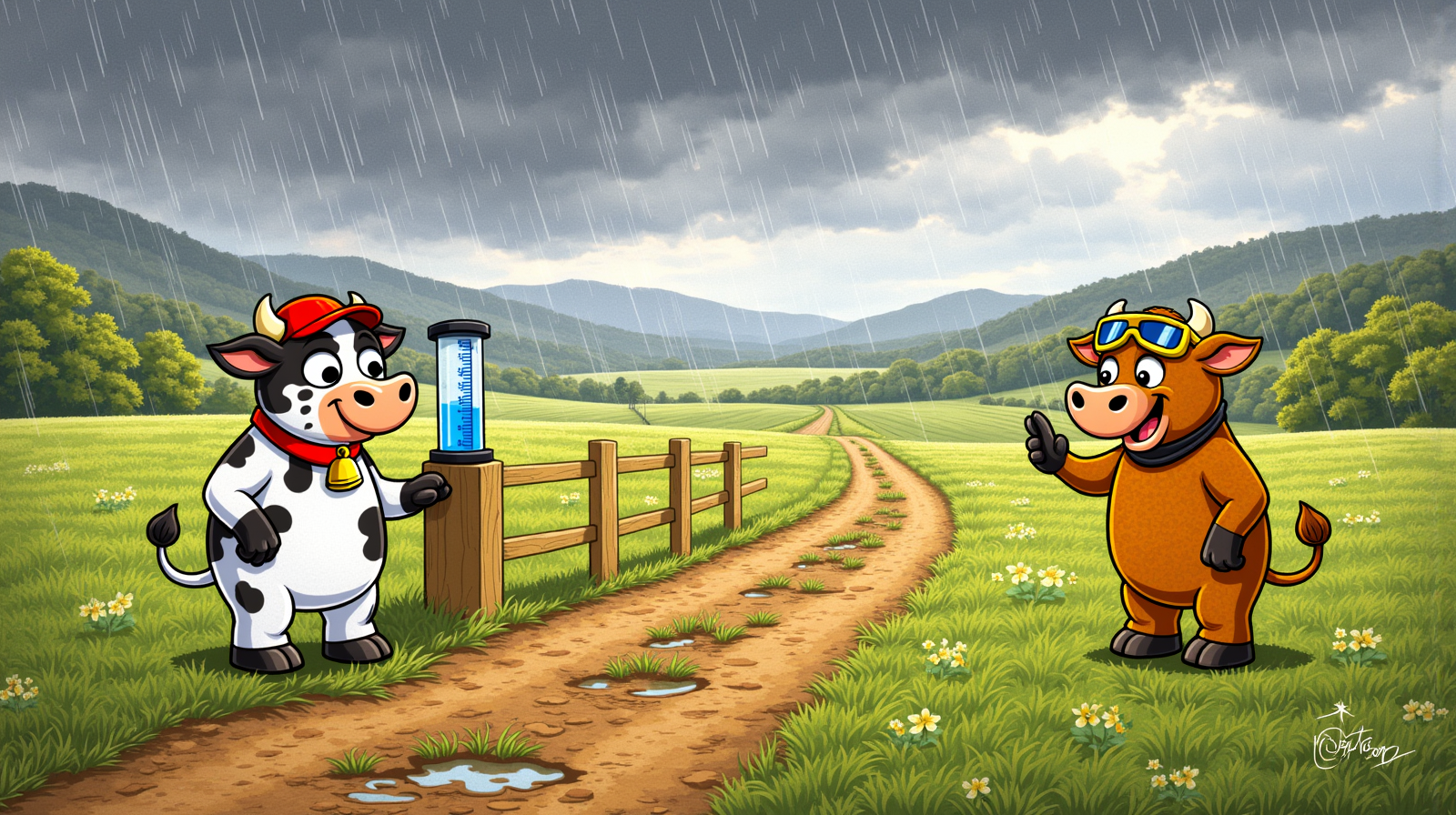 Bruce and Wally standing in a wet Dayboro paddock with a rain gauge filling up as the rain comes in off the range