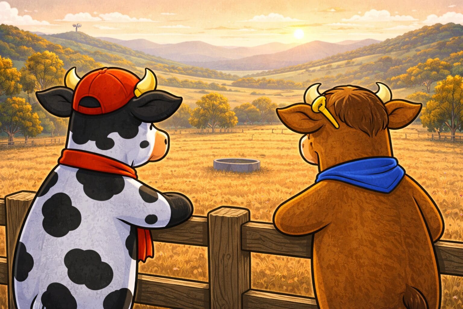 Dayboro cow watching a dry autumn paddock with the D'Aguilar Range in the distance