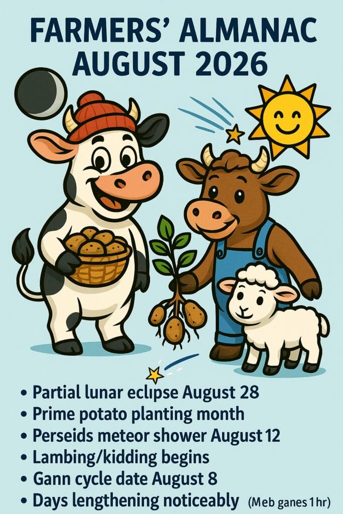 A cartoon illustration of a cow, a bull, and a sheep with a sun and moon in the background, featuring a list of events and dates for August 2026, including lunar eclipses, planetary alignments, and meteor showers.