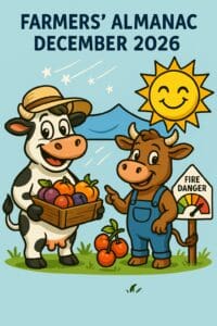 Two farm animals, a cow and a bull, standing together under a blue sky with a sun in the background, holding a basket of fruit and pointing to a sign that reads 'Fire Danger'.