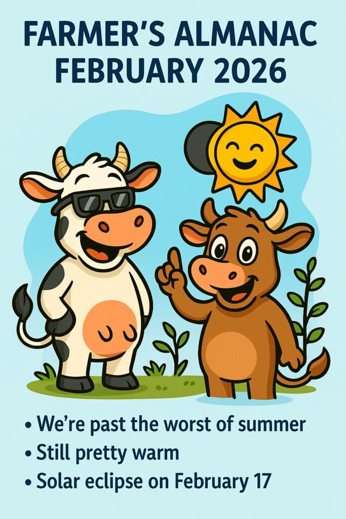 A cartoon image featuring two cows, a sun, and a blue sky, with a title at the top that reads 'FARMER'S ALMANAC FEBRUARY 2026'. The image is likely intended to be humorous and lighthearted, with a focus on the theme of farming and agriculture.