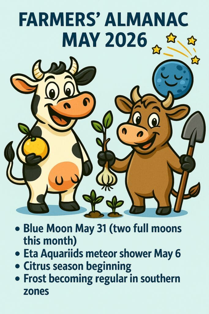 An illustrated cartoon of two cows planting a garlic bulb, with a blue moon in the background and a light blue background. The cow on the left is holding an orange fruit, and the cow on the right is holding a shovel.