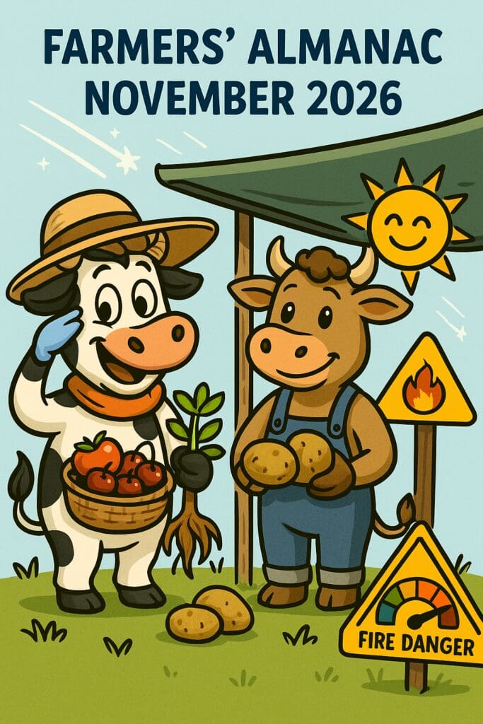 A cartoon illustration of two anthropomorphic farm animals standing together, surrounded by various objects and symbols.