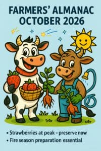 two cows standing together on a patch of grass, with one cow holding a basket of strawberries and the other holding a plant, under a light blue sky with a sun in the background