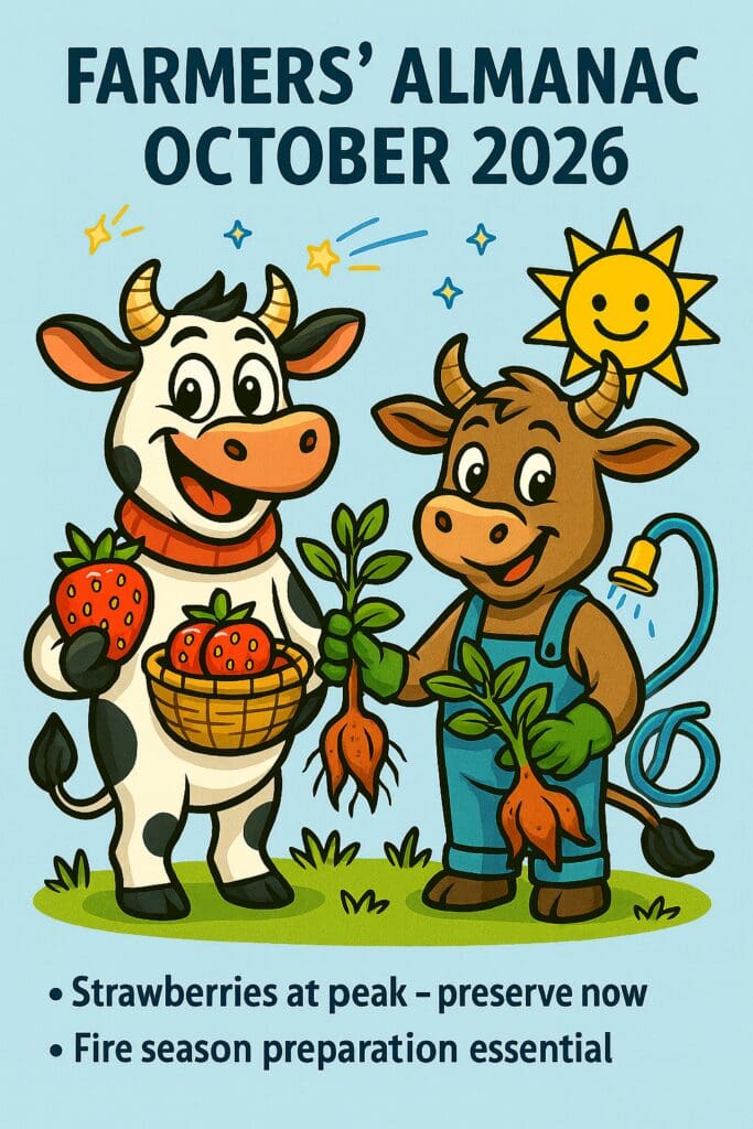 two cows standing together on a patch of grass, with one cow holding a basket of strawberries and the other holding a plant, under a light blue sky with a sun in the background