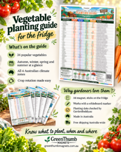 GreenThumb Magnets Vegetable Planting Guide poster showing the A4 fridge magnet, 34 vegetables and four climate zones