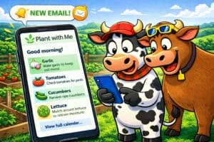Two cartoon cows holding a phone displaying a Plant With Me email with gardening tasks for garlic, tomatoes, cucumbers and lettuce