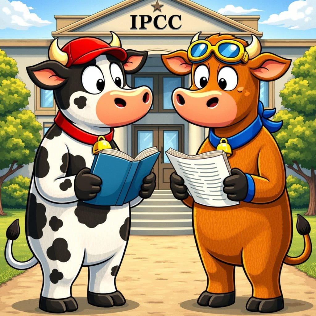Cartoon of two bulls in hats reading a book and report outside a building labelled IPCC, satirising climate science institutions.