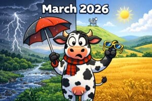 Cartoon cow split between a stormy rainy scene on the left and a sunny dry golden field on the right, titled March 2026