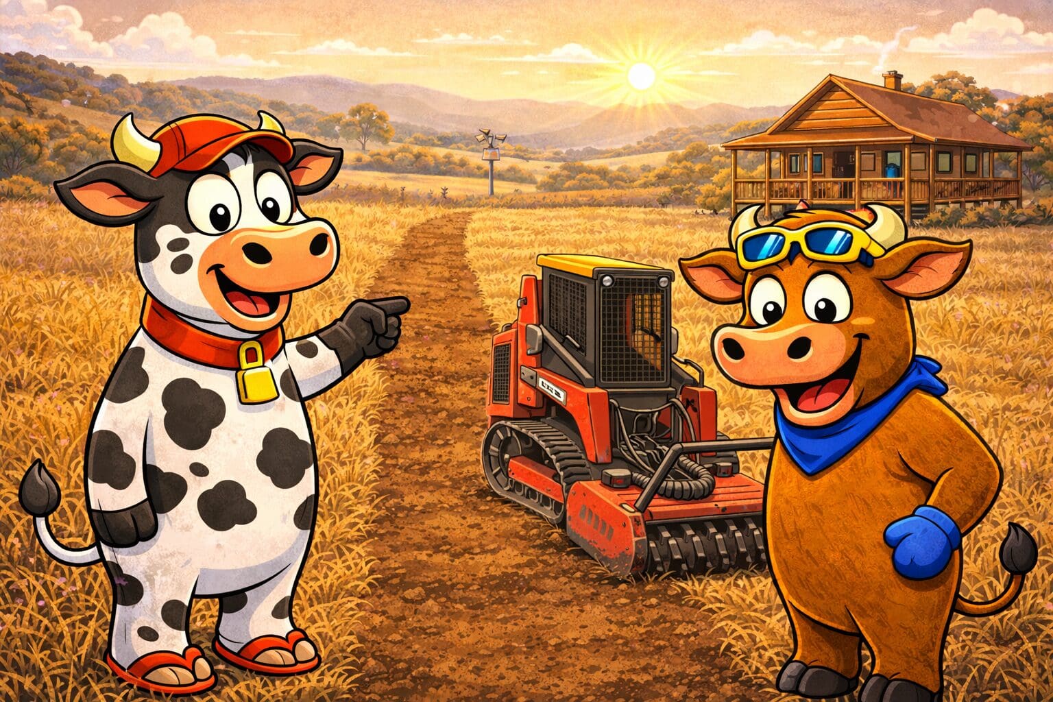 Two Dayboro cows beside a slashed firebreak between dry grass and a timber house