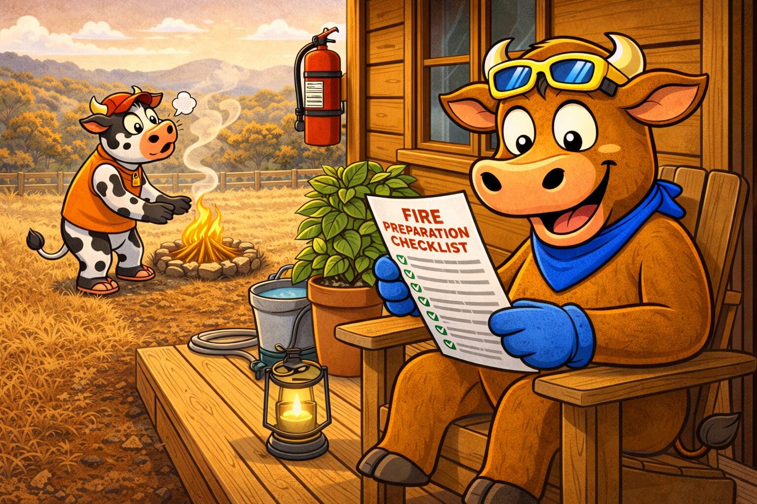 Dayboro cow on a tidy porch reading a preparation checklist