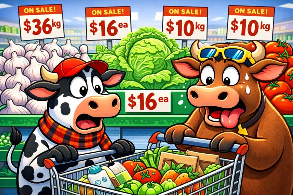 Two cartoon cows with shocked expressions pushing trolleys past supermarket vegetable shelves with high price tags up to $36 per kg