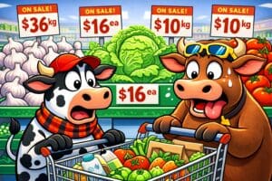 Two cartoon cows with shocked expressions pushing trolleys past supermarket vegetable shelves with high price tags up to $36 per kg