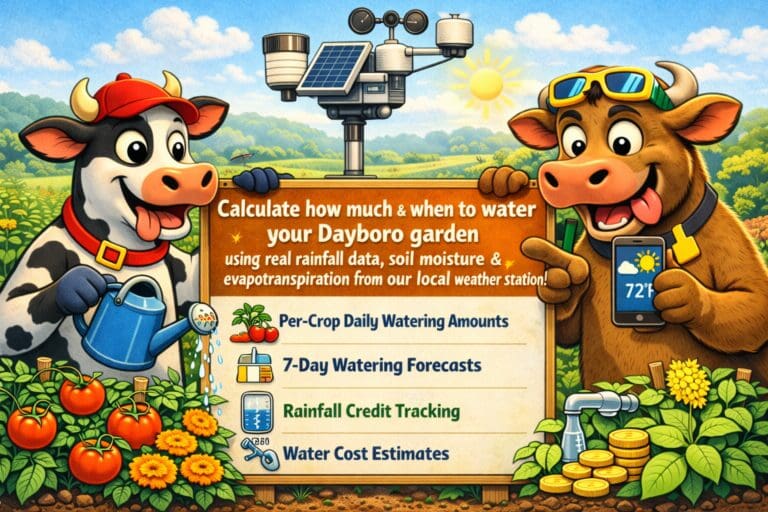 Two cartoon cows in a vegetable garden with weather station, listing smart watering calculator features for Dayboro gardeners