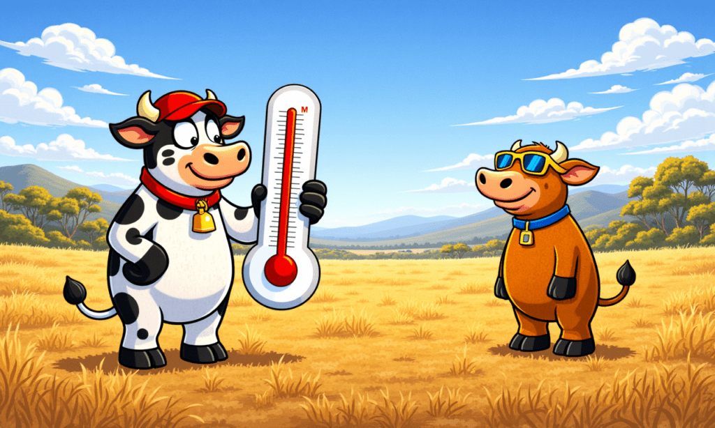 Bruce and Wally the Dayboro weather cows in a dry paddock, Bruce holding a thermometer reading high