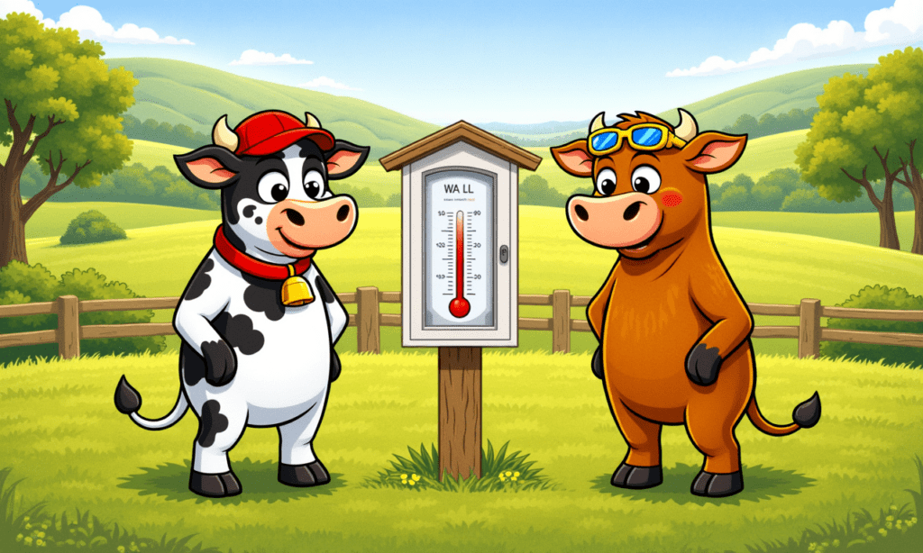 Two cartoon cows standing either side of a wall thermometer in a wooden box on a post in a sunny green paddock.
