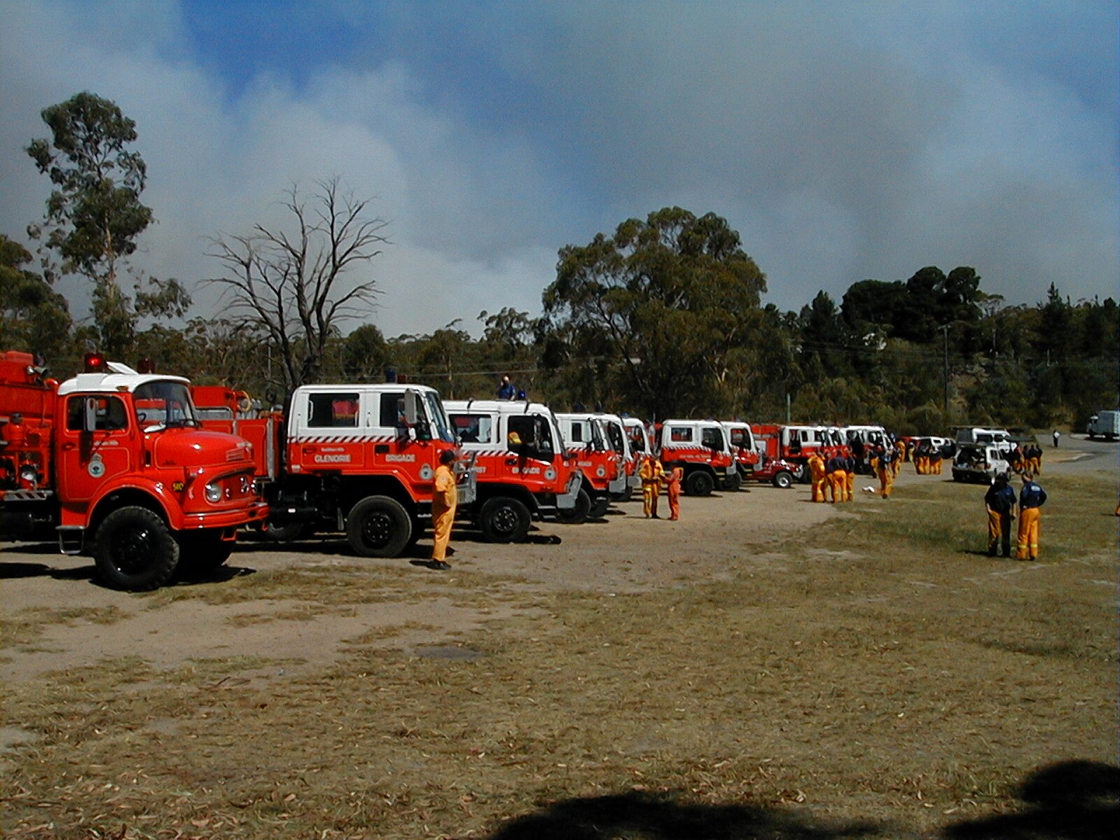 Rural fire brigade tankers lined up at a staging area, smoke building behind the treeline