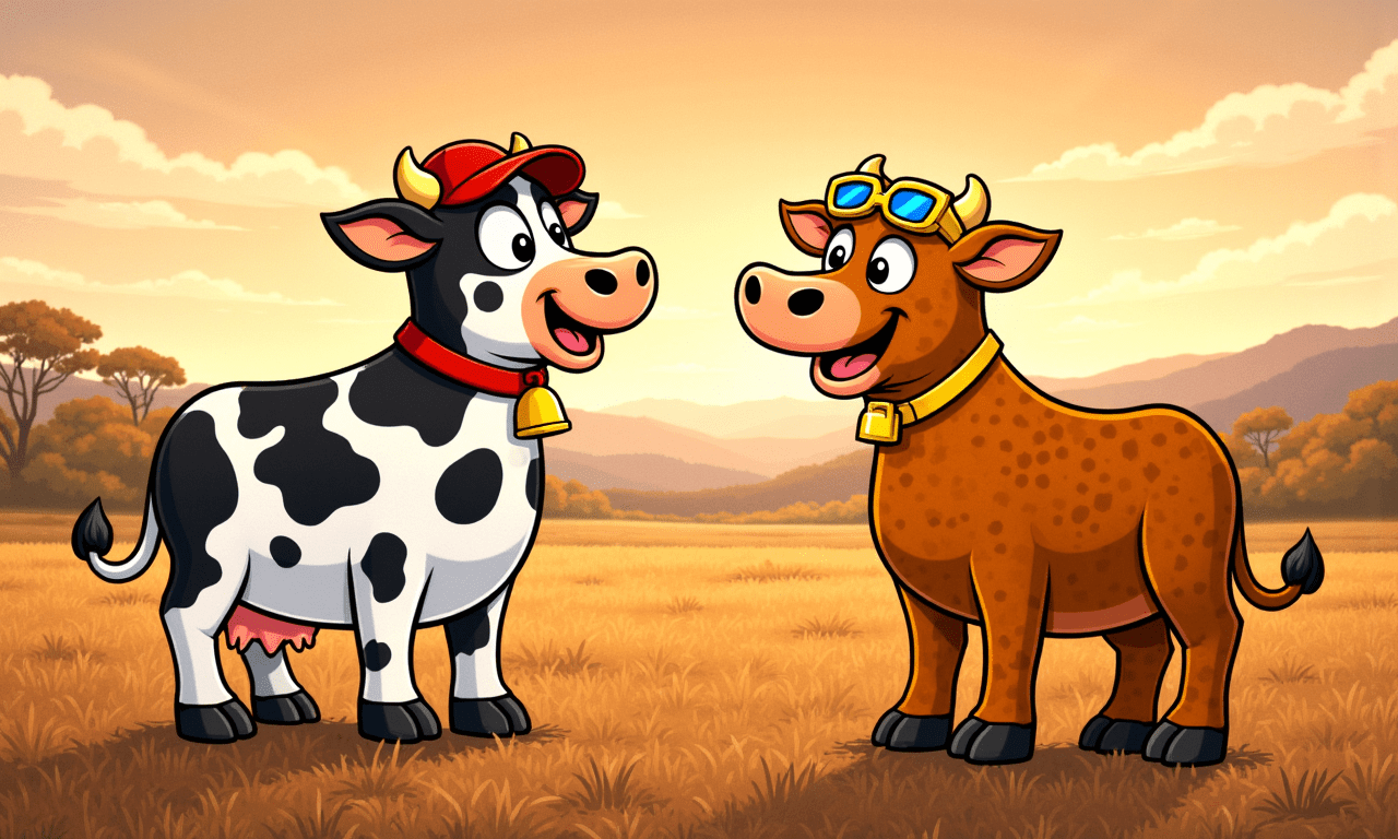 Two cartoon cow mascots standing in a dry paddock at Dayboro looking toward a hazy, smoke affected horizon with the D'Aguilar Range faint through the haze