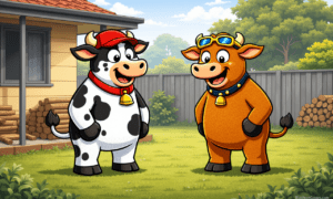 Two cartoon cow characters wearing caps stand together on grass in front of a house and timber fence.