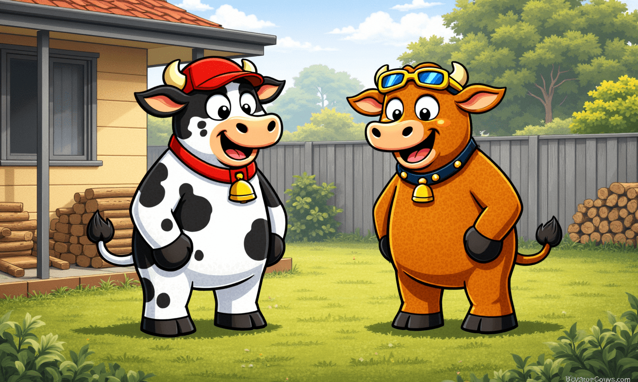 Two cartoon cow mascots standing beside a Queensland home with a well cleared yard, clean gutters and a woodpile stacked away from the building