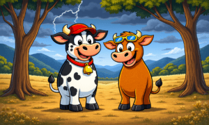 Cartoon black-and-white cow in a red cap and a brown cow with goggles stand in a dry paddock as lightning strikes from dark clouds.