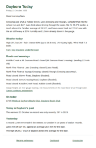 Dayboro Today email screenshot with sections for weather, flooded road closures, events and rainfall records.