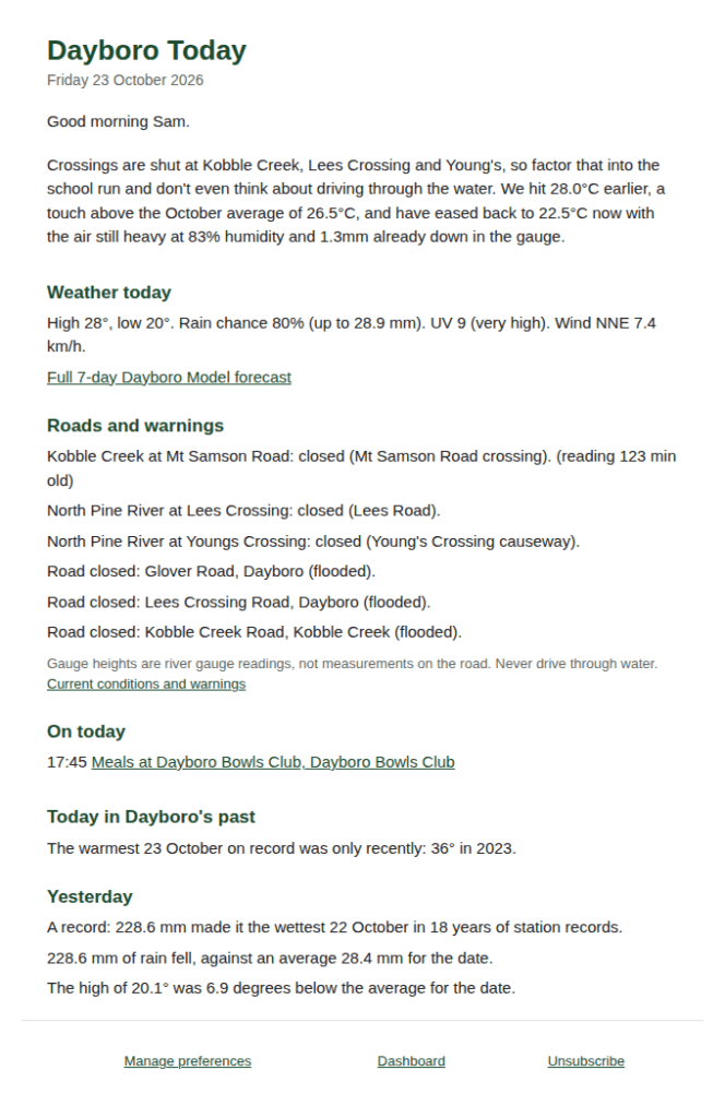 Dayboro Today email screenshot with sections for weather, flooded road closures, events and rainfall records.