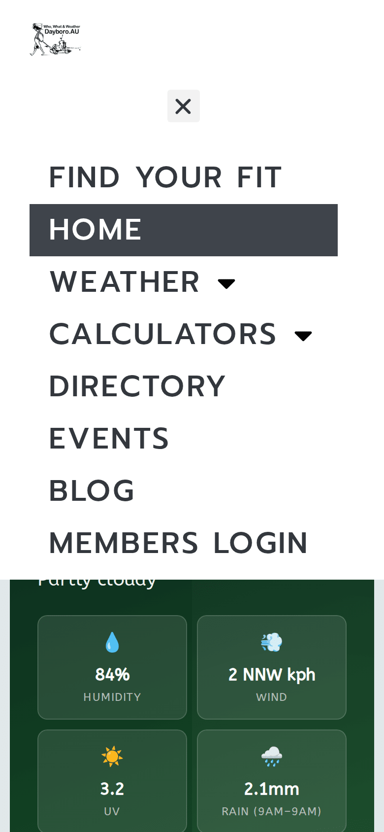 The dayboro.au menu opened on a phone, with Weather and Calculators showing arrows