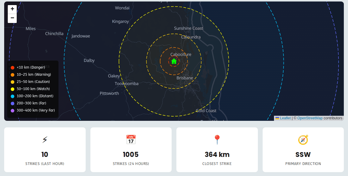 The lightning map with recent strikes and distance rings around Dayboro
