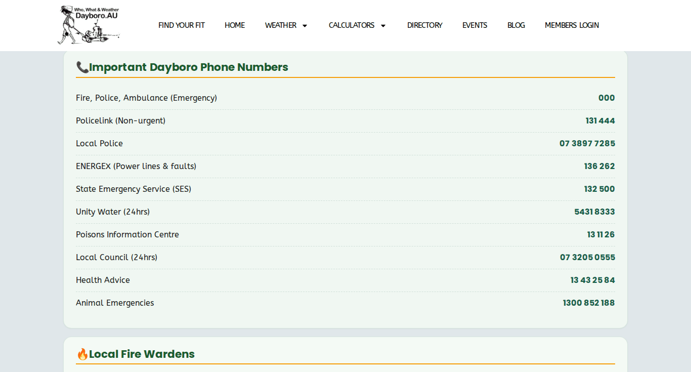 The Important Dayboro Phone Numbers list on the Emergency Contacts page