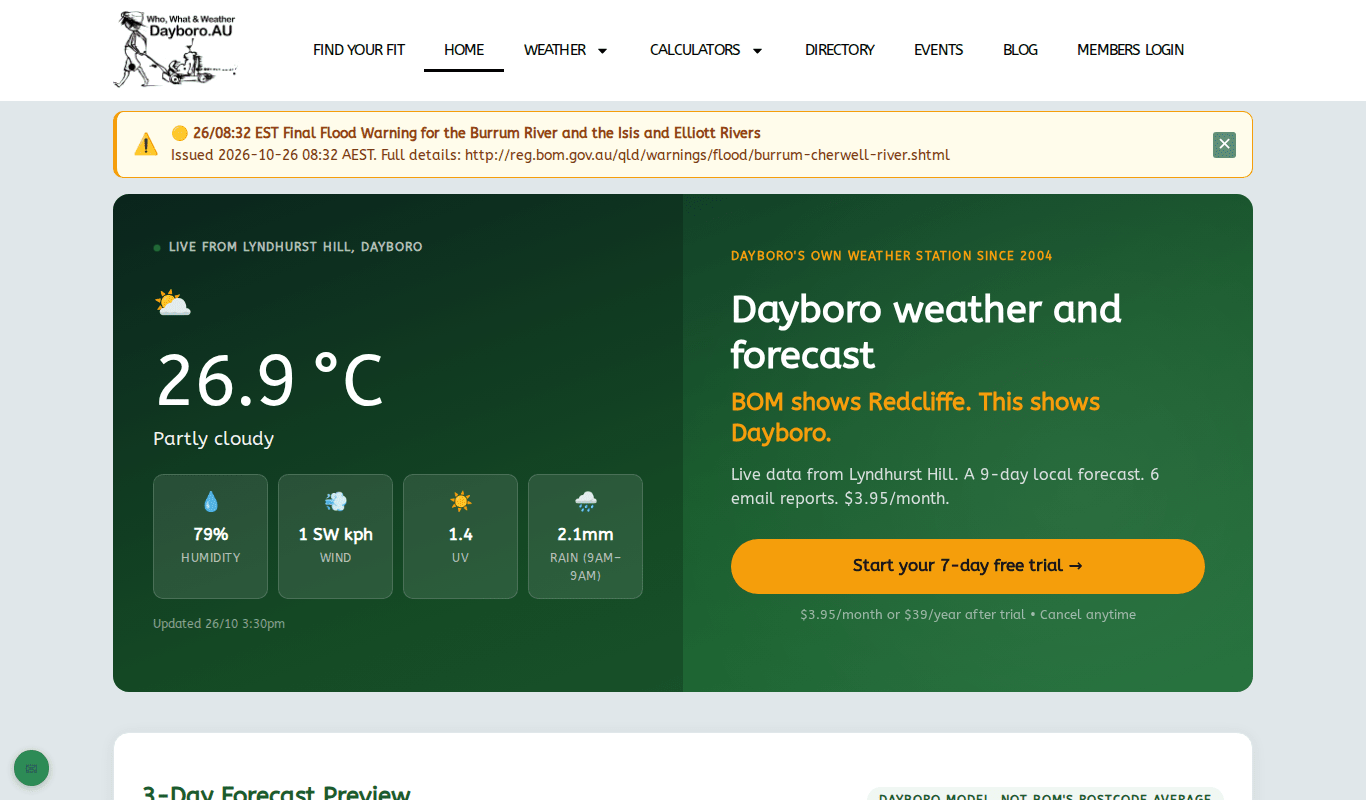 A flood warning banner across the top of the home page, with a close button