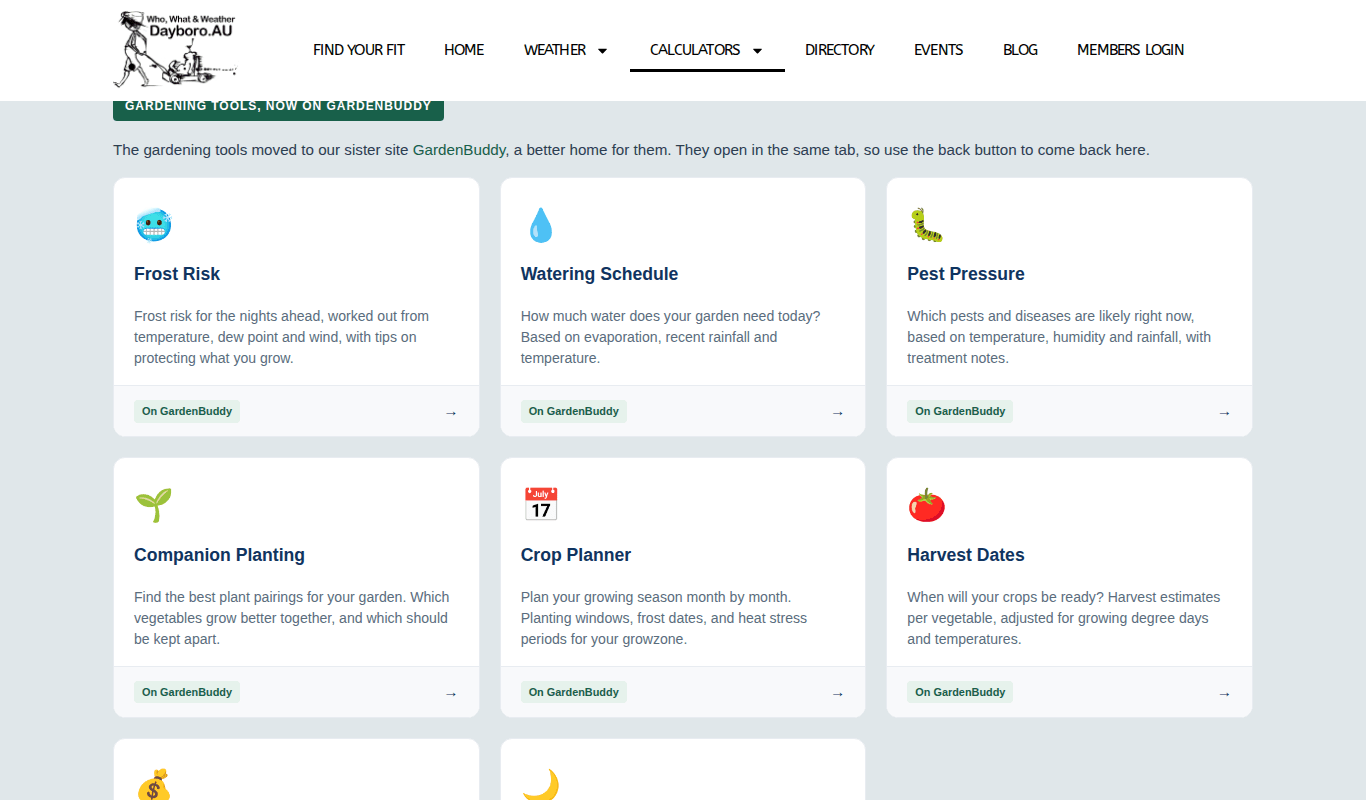 Tools hub cards for gardening tools that open on GardenBuddy.au