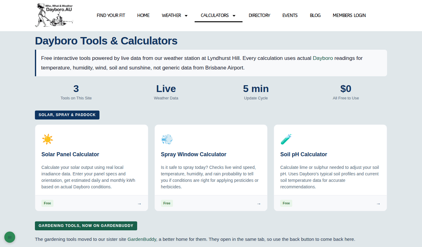 The Tools hub page with cards for the solar, spray window and soil pH calculators
