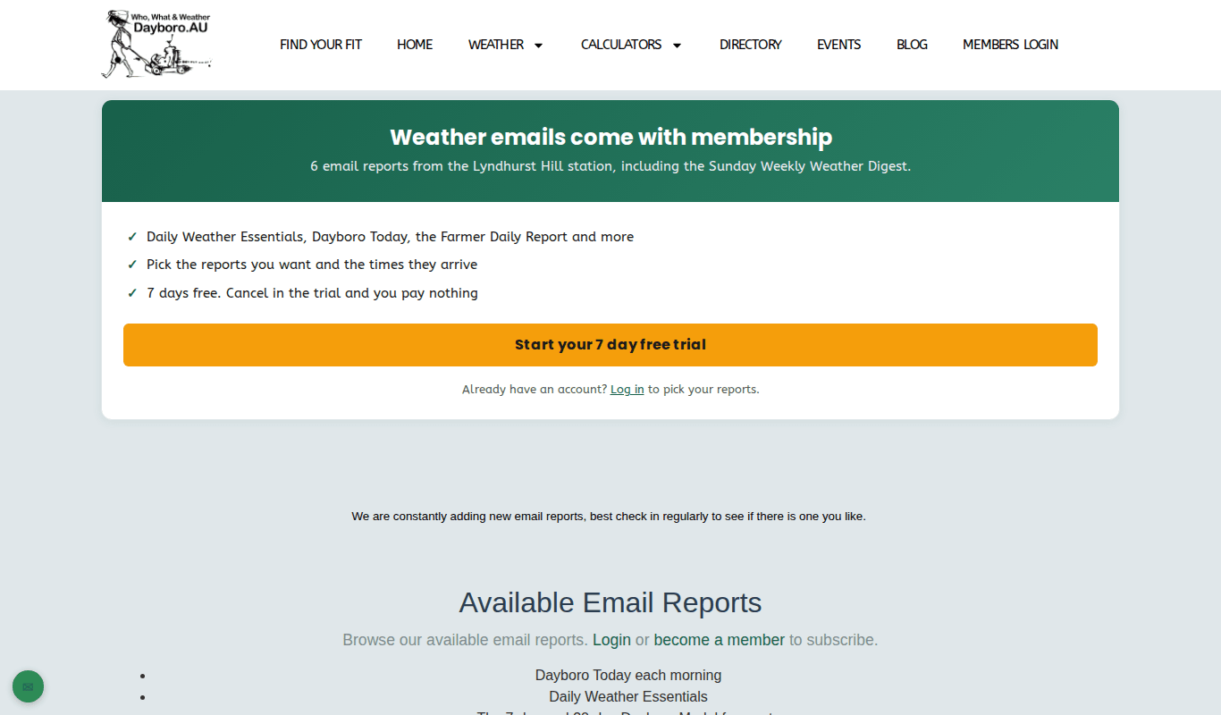 The Subscribe to emails page as a visitor sees it, with a free trial button and a log in link