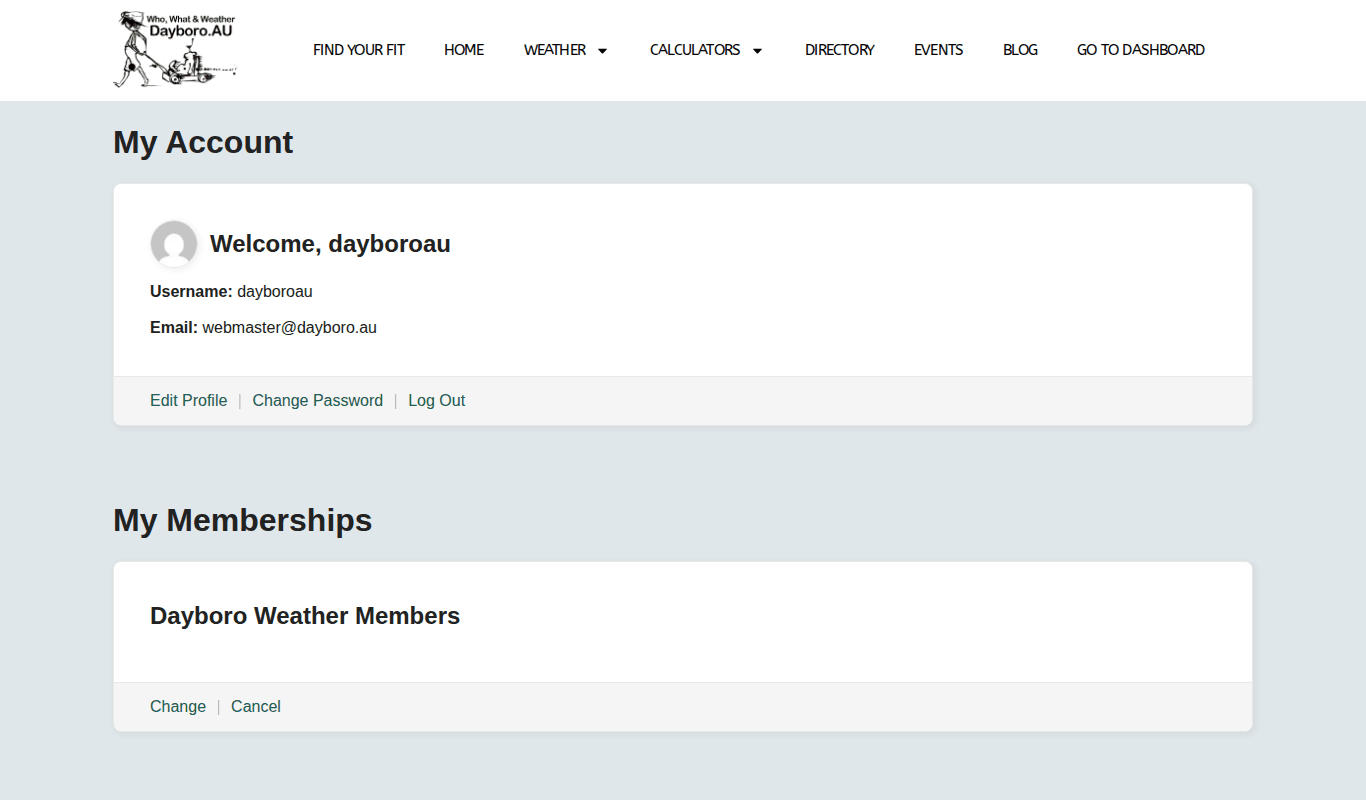 The account page with My Account details and the My Memberships section with Change and Cancel