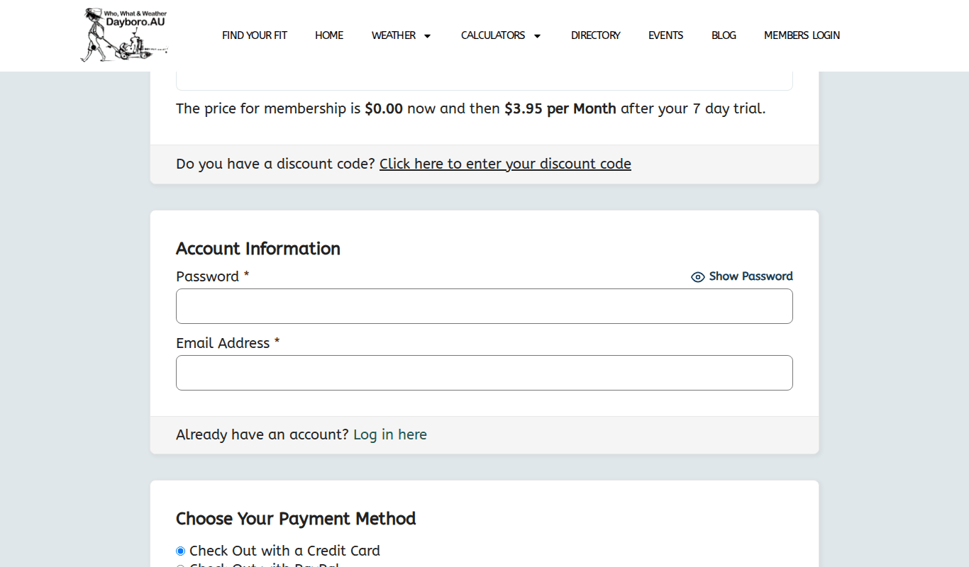 The checkout page showing the trial price line, the password and email fields and the payment choice