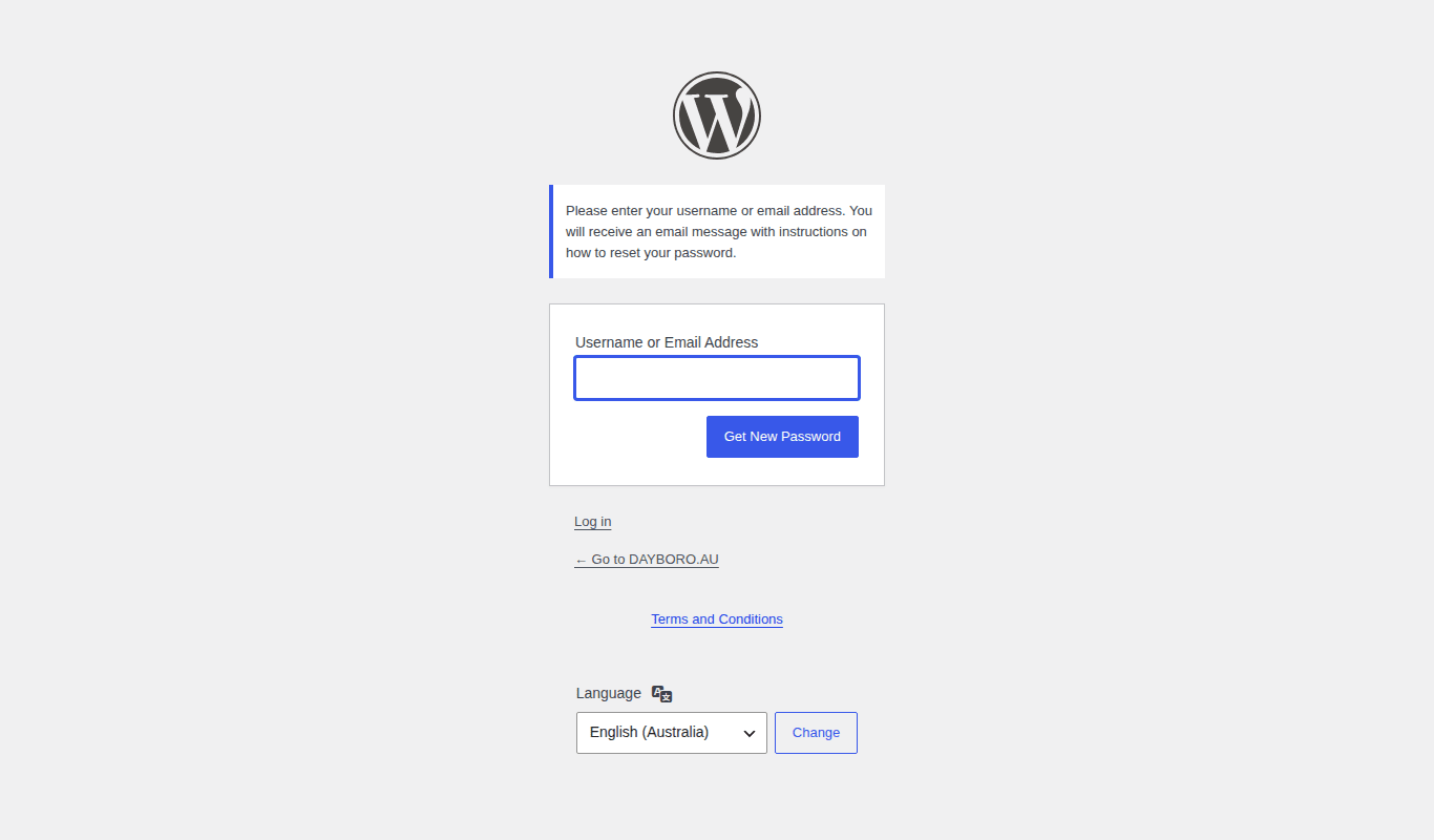 The lost password page with a box for your username or email and a Get New Password button