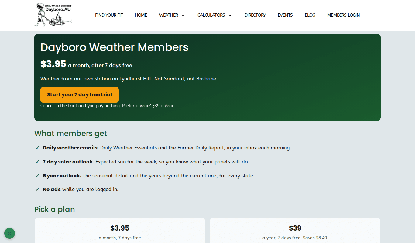 The membership page with the price, the free trial button and the list of what members get