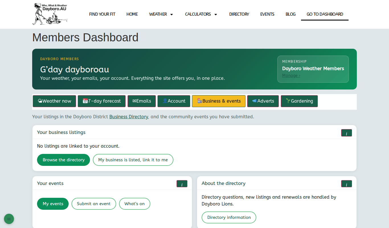 The Business and events tab with listing, events and directory cards