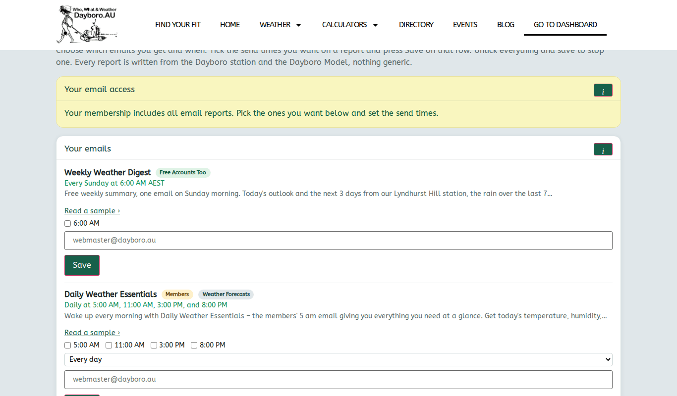 The Emails tab with report rows, send time tick boxes and Save buttons