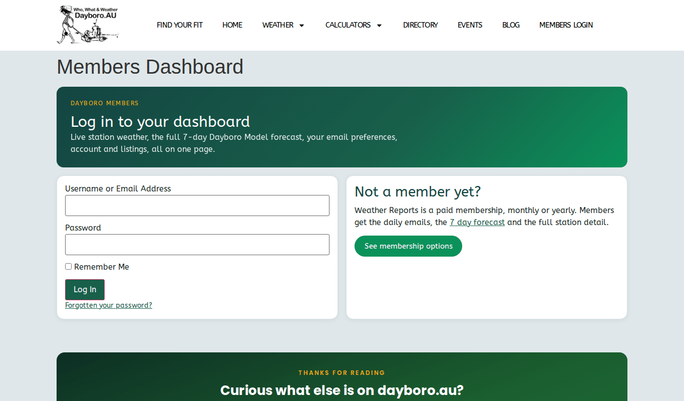 The Members Dashboard login form with username, password and a membership options card